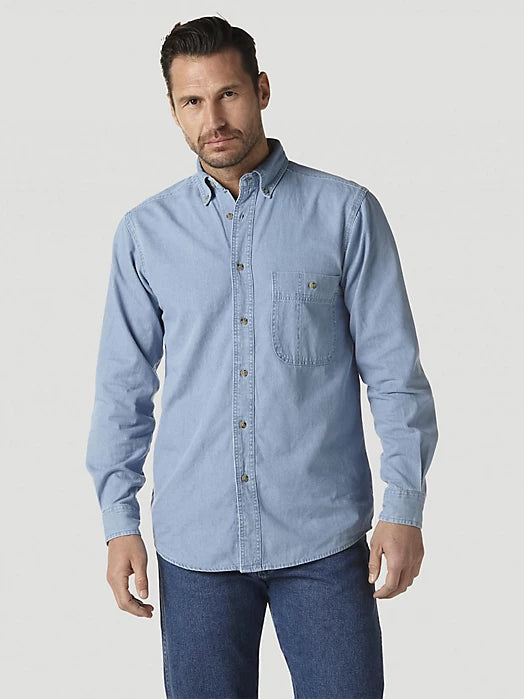 Wrangler Rugged Wear Men's Denim Basic Shirt, Stonewash – front 3 on model