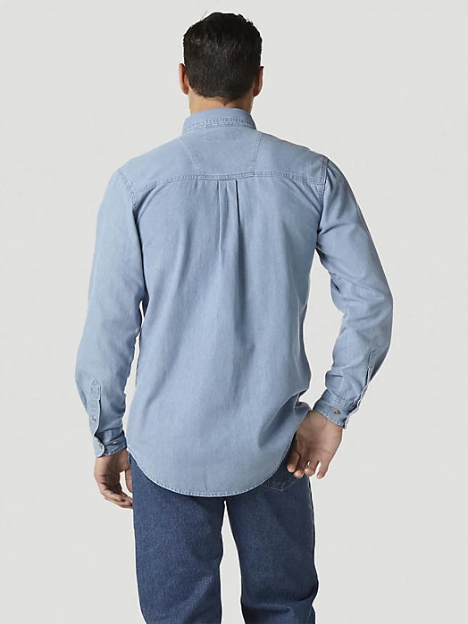 Wrangler Rugged Wear Men's Denim Basic Shirt, Stonewash – back on model
