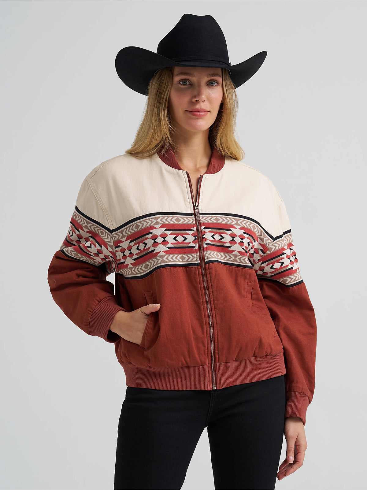Front view of the Wrangler® Checotah® Bomber Jacket in Cream Slice, showing zip front, ribbed collar and hem, and geometric Checotah stripe.