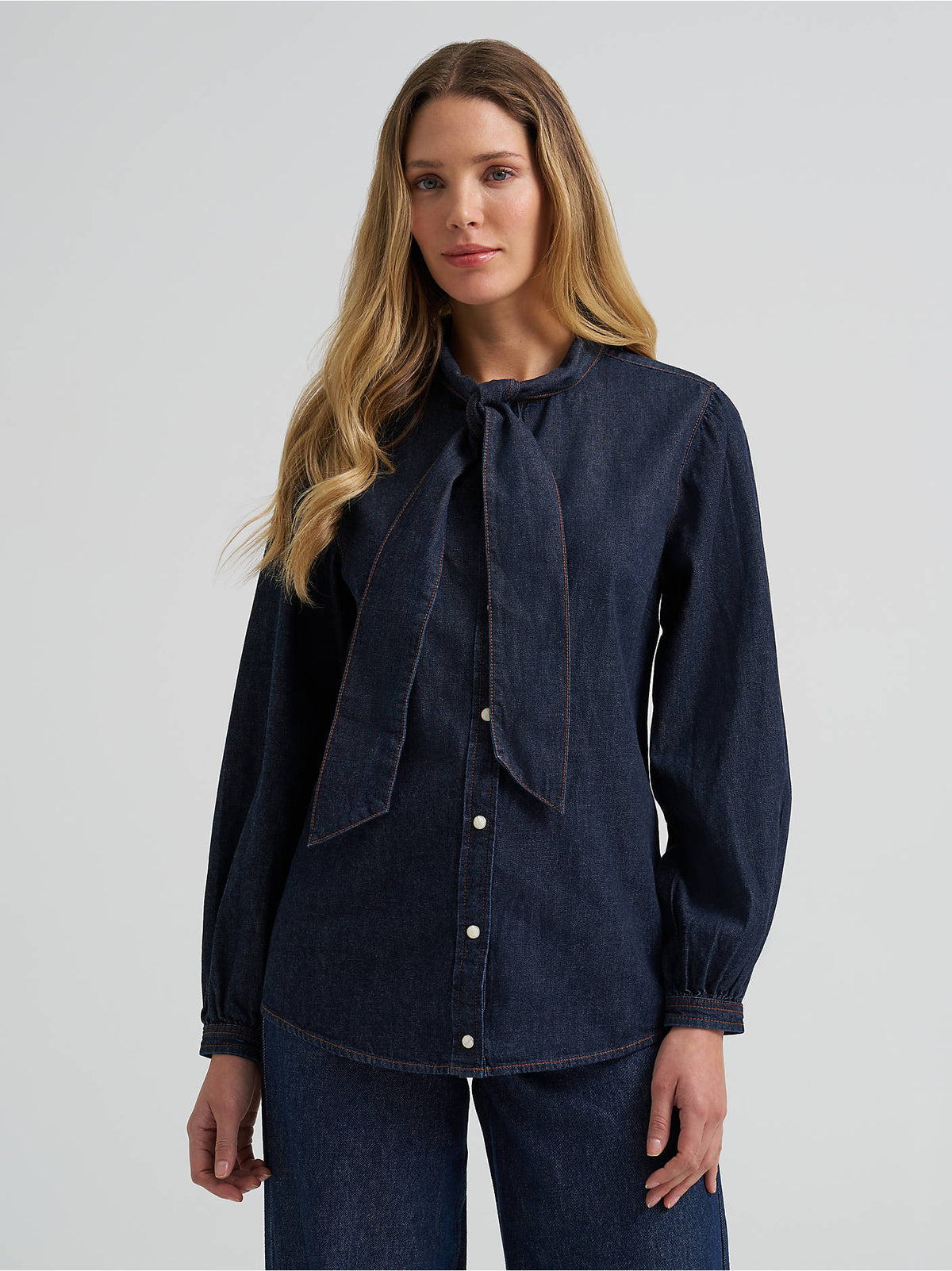 Wrangler Women's Denim Bow Snap Shirt - Denim - front view
