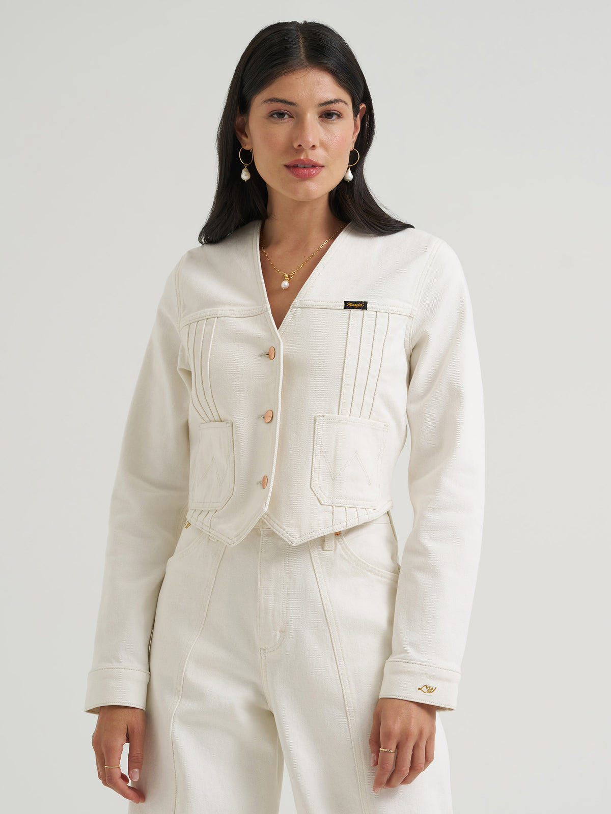 Wrangler Women's X Lainey Wilson Denim Top, White – front waist-up