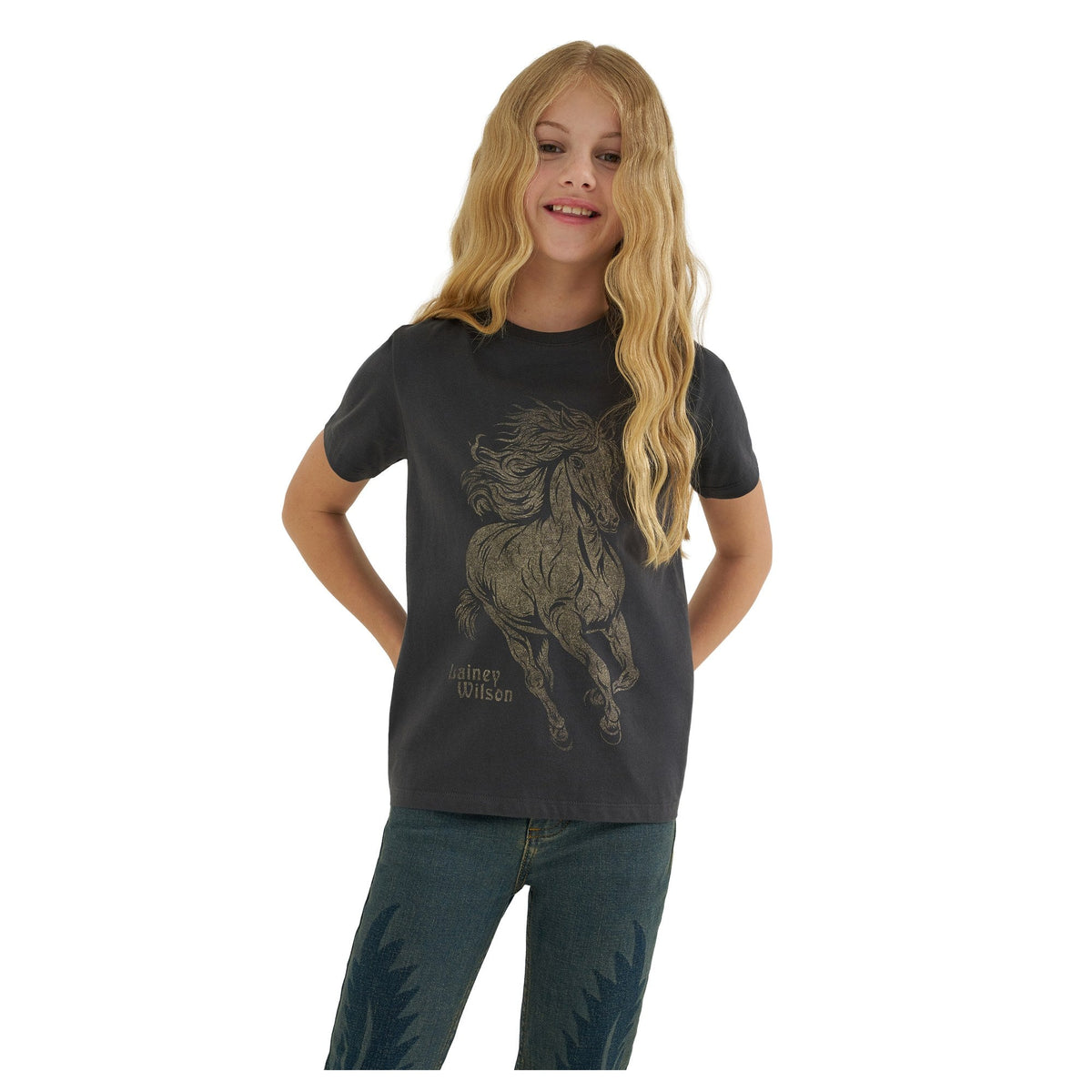 Wrangler® X Lainey Wilson Girls Glitter Horse T-Shirt - Black - front view
