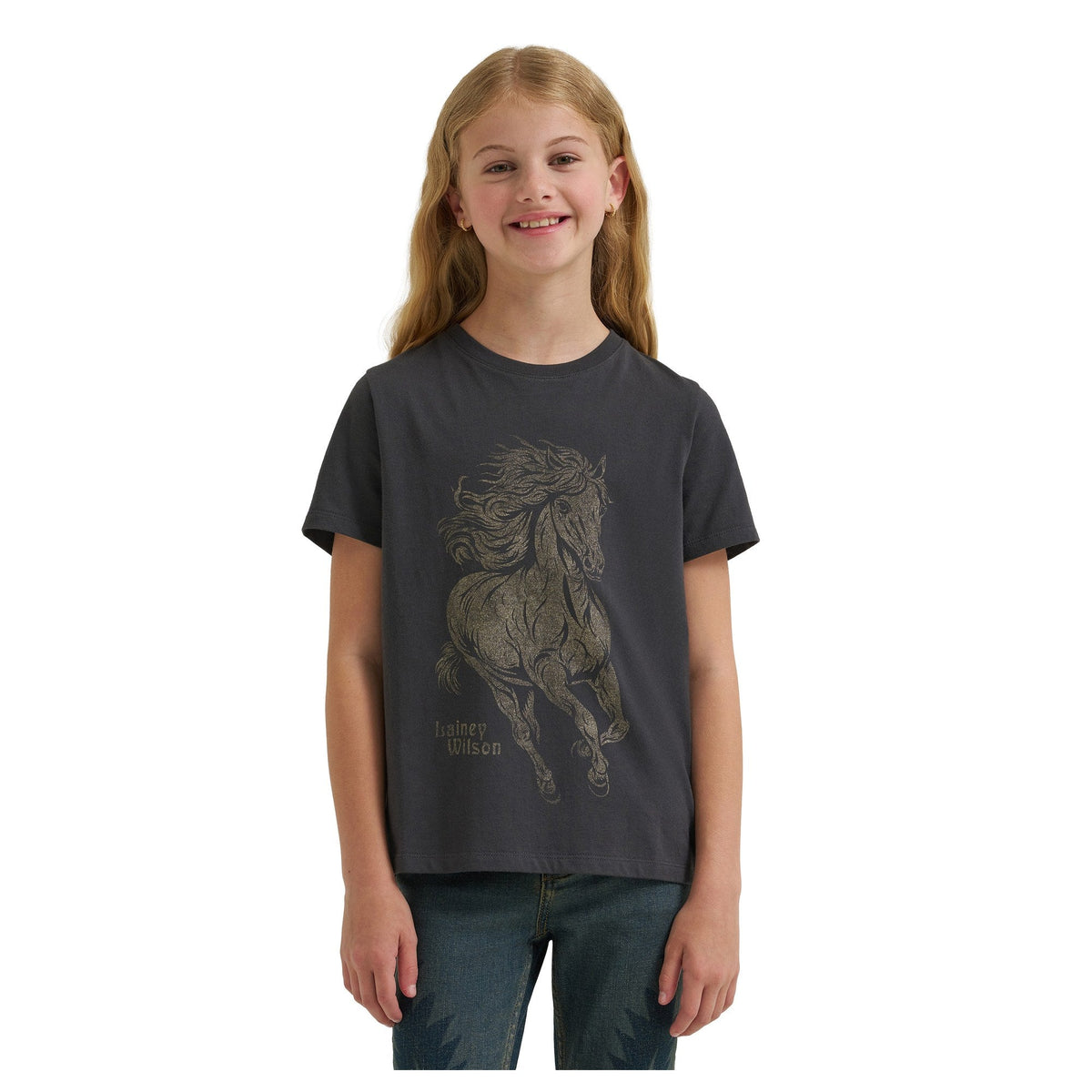 Wrangler® X Lainey Wilson Girls Glitter Horse T-Shirt - Black - front detail
