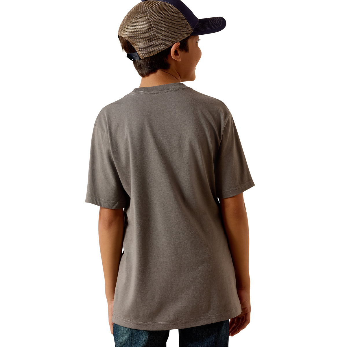 Youth Ariat Desert Badge Tradition T-Shirt in smoked pearl, featuring a classic design and comfortable fit for kids.